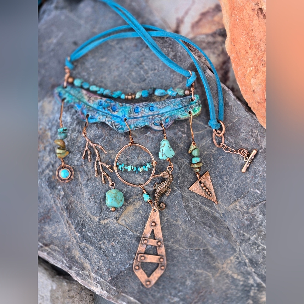 Blue In Earth Assemblage W/ Turquoise In One-of-A-Kind Artisan Copper Necklace - Picture 8 of 9